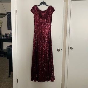 Wine red sequin open back bridesmaid dress